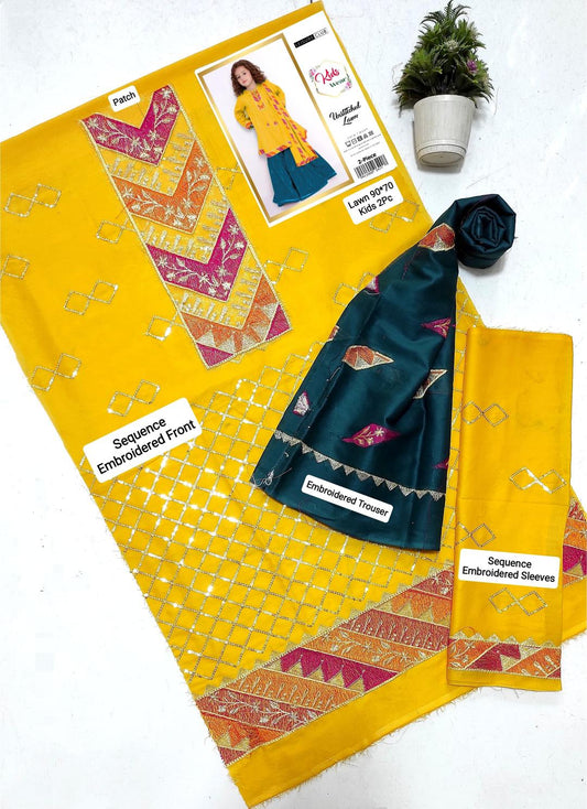 2 Pcs Girl's Lawn Embroidered Unstitched Suit