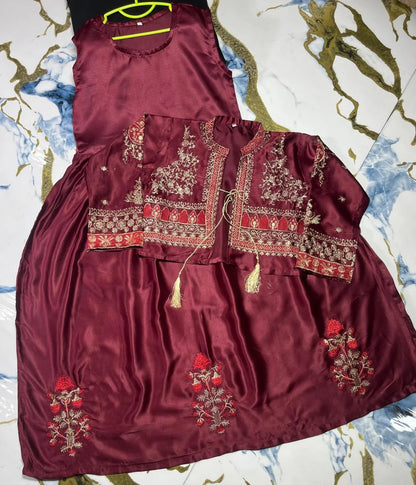 2 Pcs Girl's Silk Embroidered Maxi & Jacket