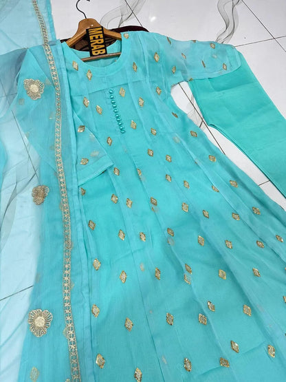 3 Pcs Women's Stitched Chiffon Embroidered Maxi Suit